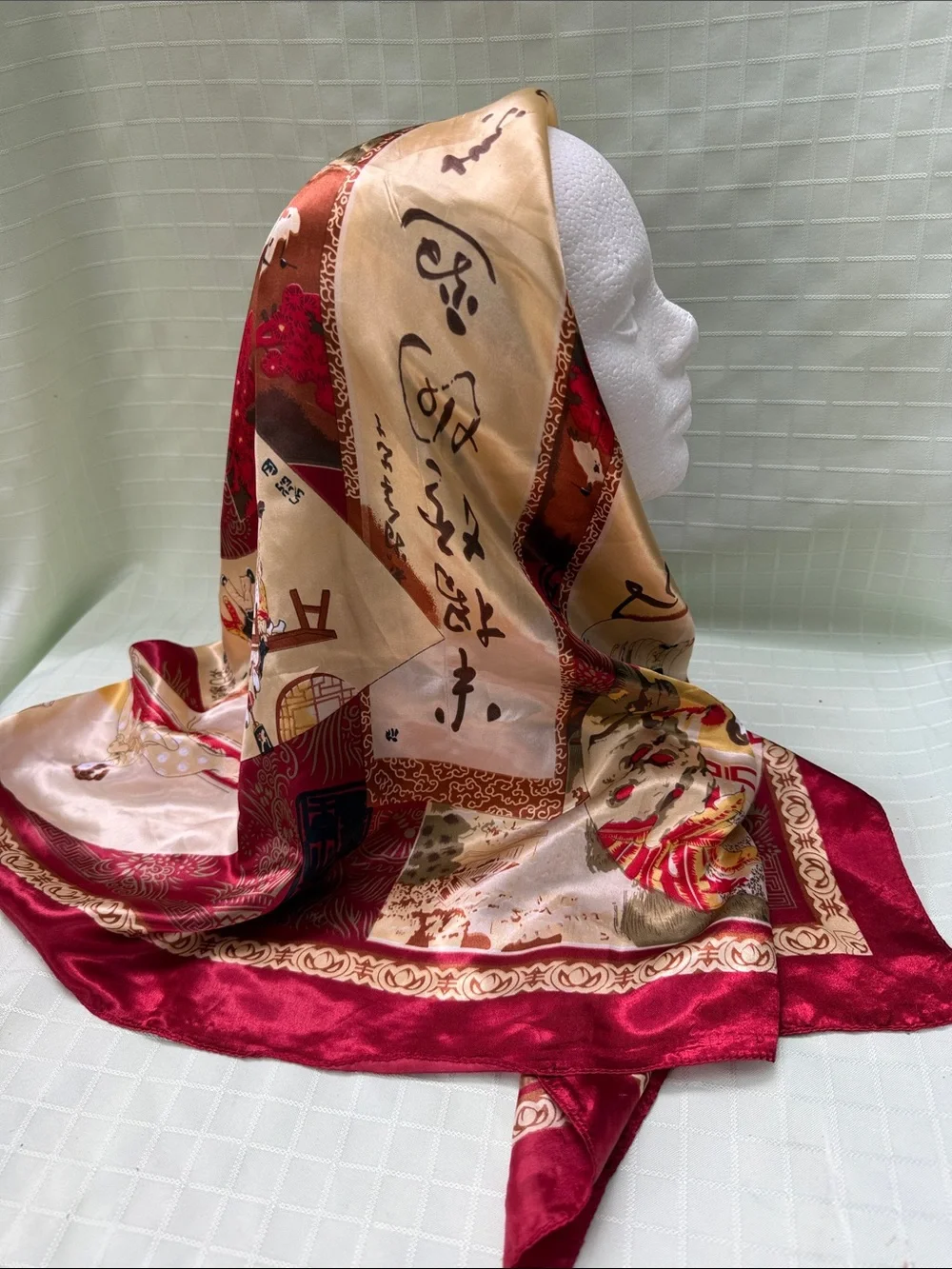 Vintage Silk Burgundy & Beige Printed Large Scarf